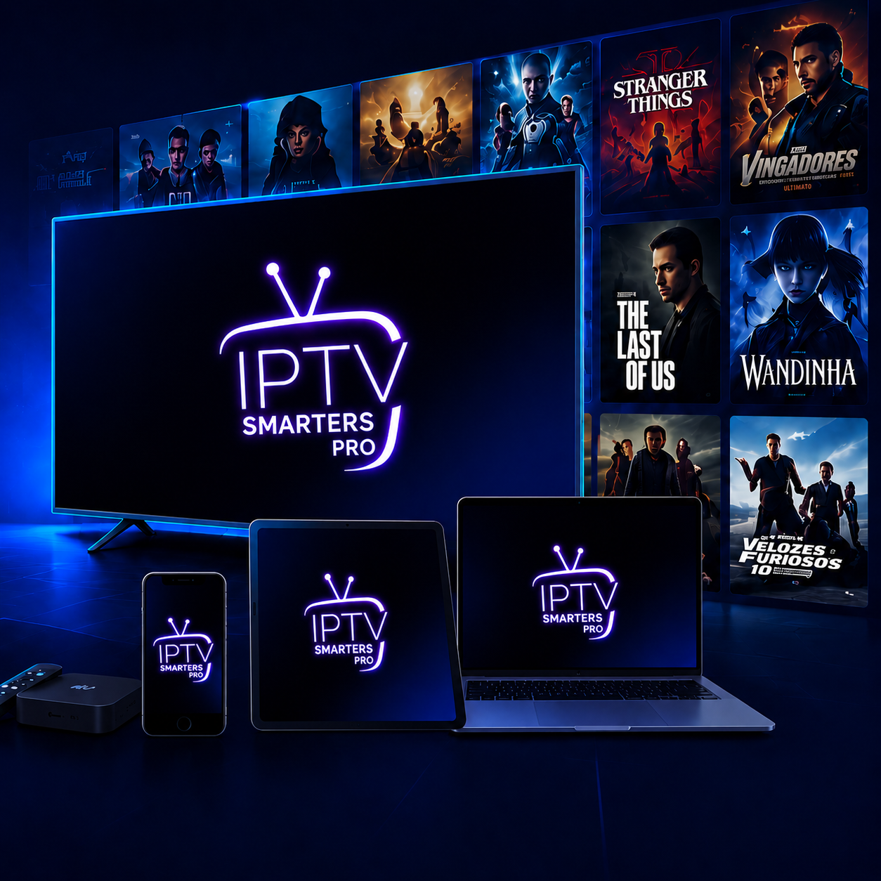 Interface do aplicativo IPTVSMARTERS com catálogo de filmes e séries